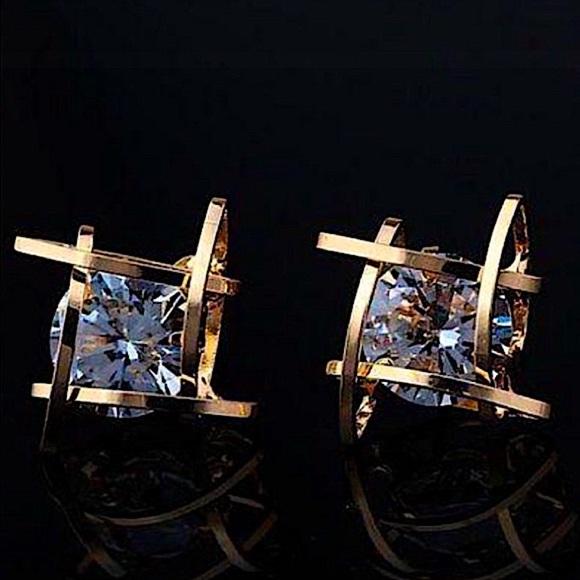 Gold Diamond Caged 3D Stud Earrings - Picture 2 of 6